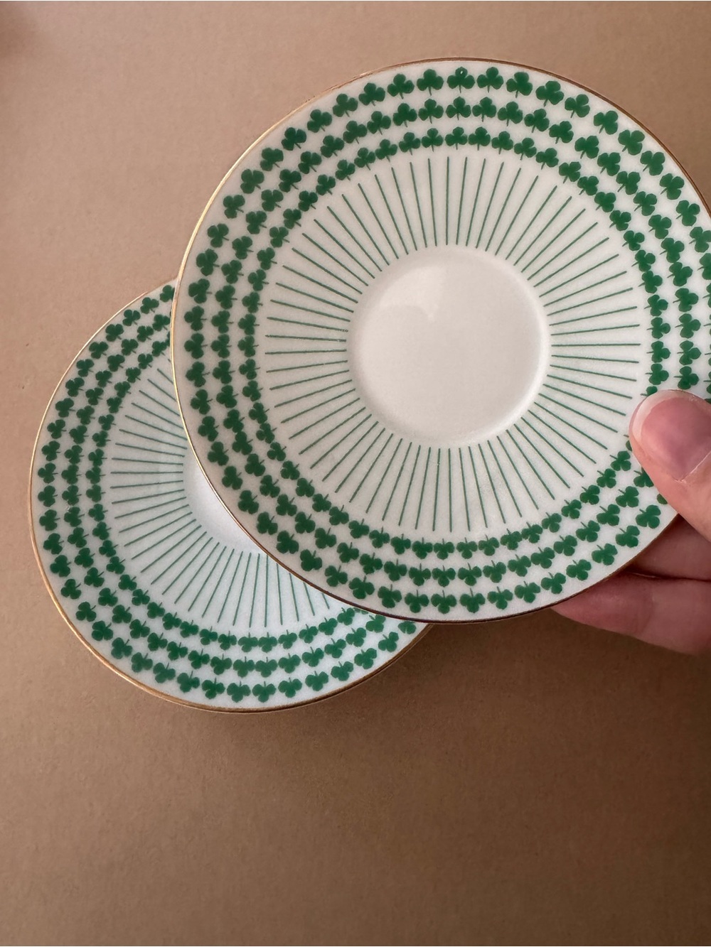 Neiman Marcus White Porcelain Saucers with Green Clover Motif and Gold Trim